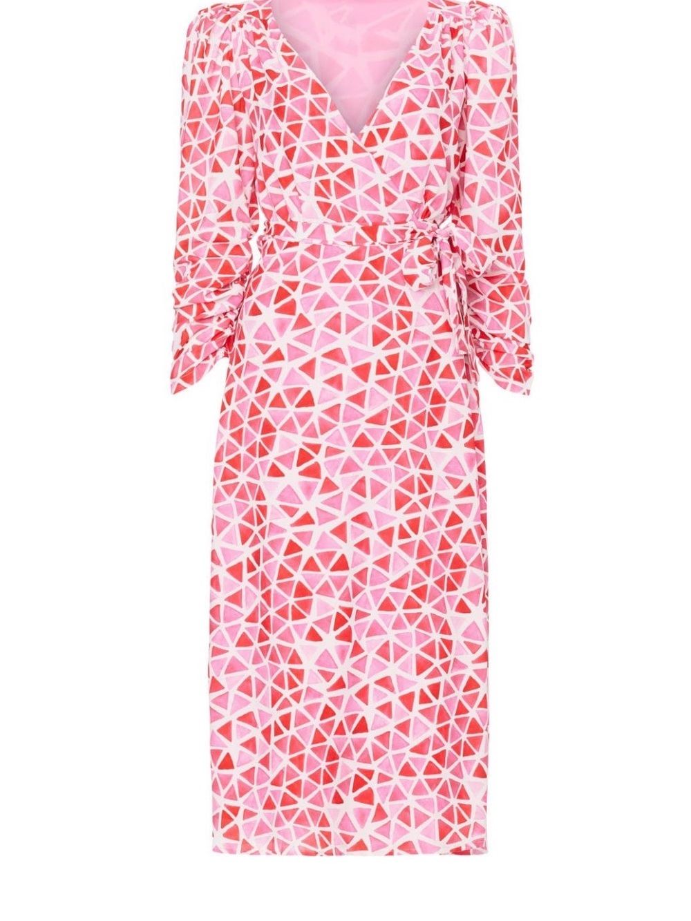 Geometric Pink Wrap Midi Dress with Tie Waist